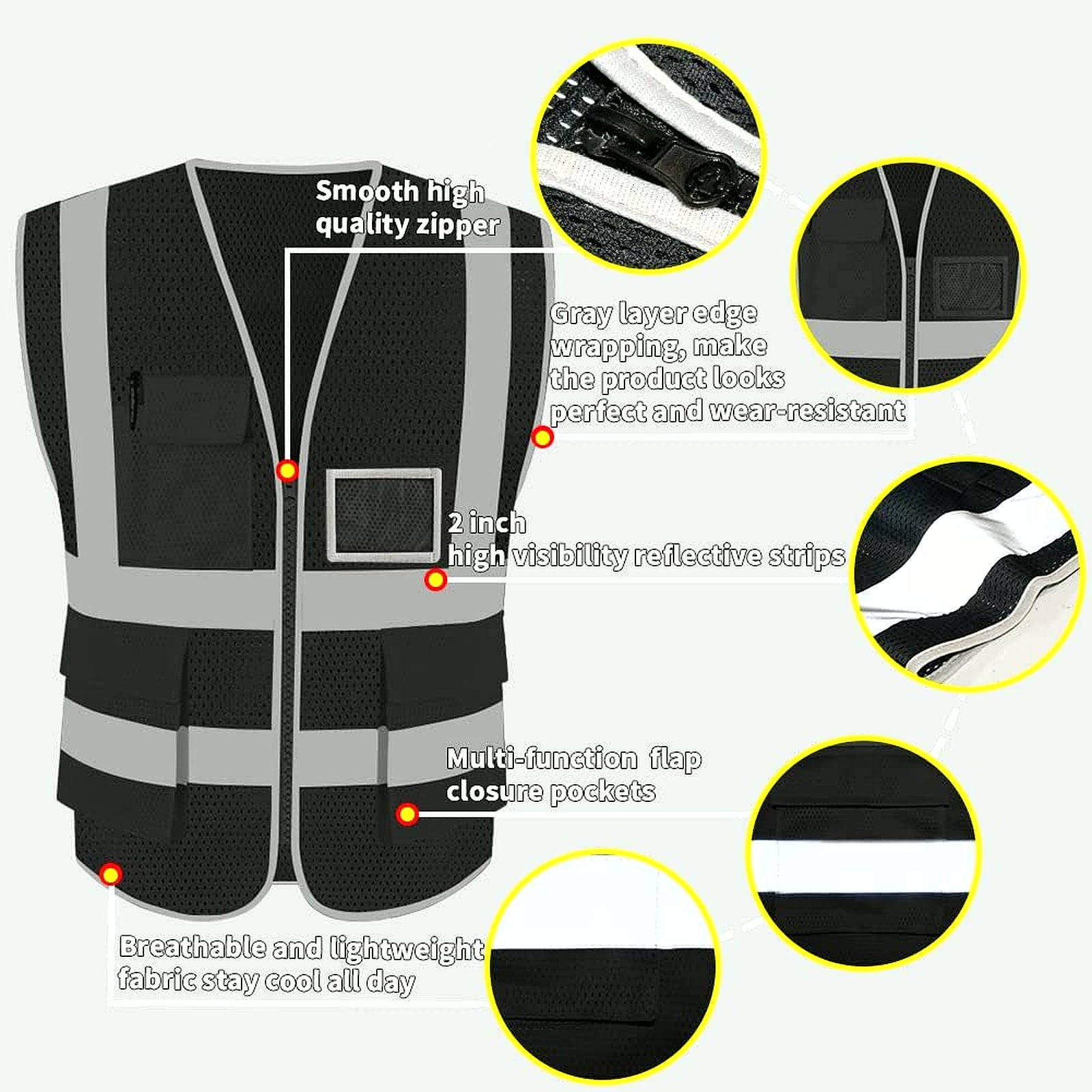 High Visibility Mesh Safety Reflective Vest with Pockets and Zipper, Meets ANSI/ISEA Standards