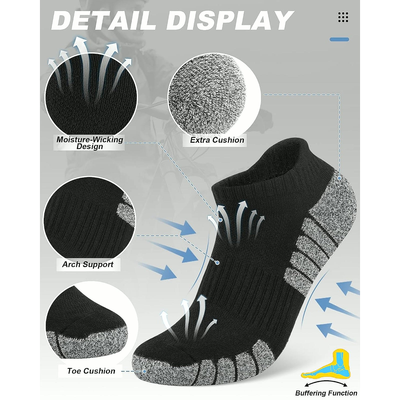 Mens Ankle Athletic Running Socks Low Cut Sports Cushioned Socks for Men 6 Pairs