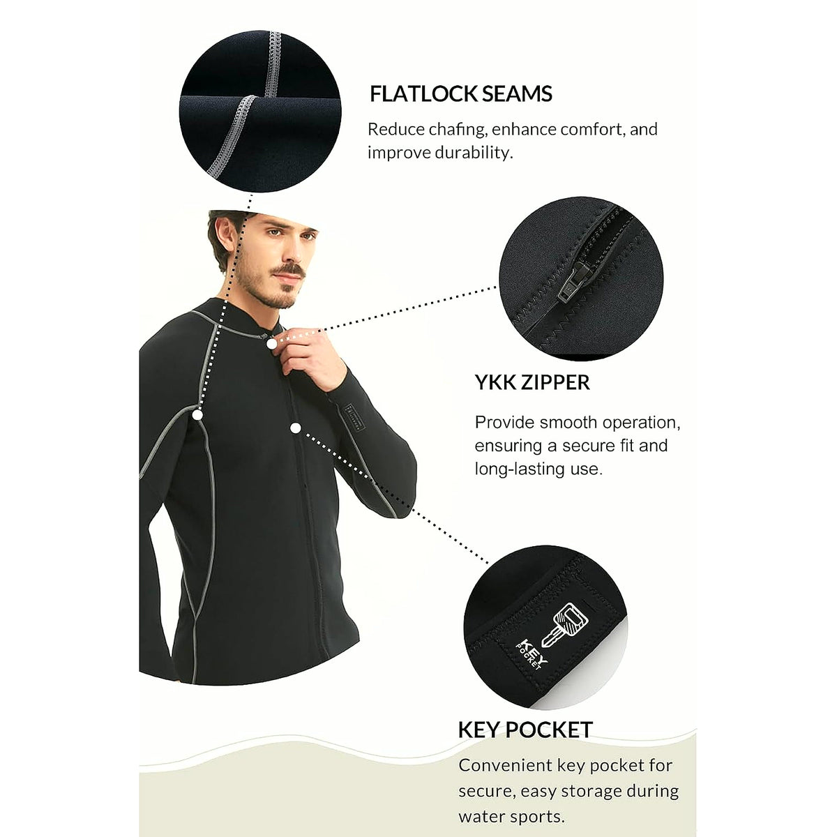 Men'S Wetsuit Top, 2Mm Long Sleeve Super-Stretch Neoprene Jacket | Mens Wetsuit Jacket, Front Zipper Surf Tops, Keep Warm, Neoprene Diving Suit for Surfing Swimming Snorkeling Kayaking