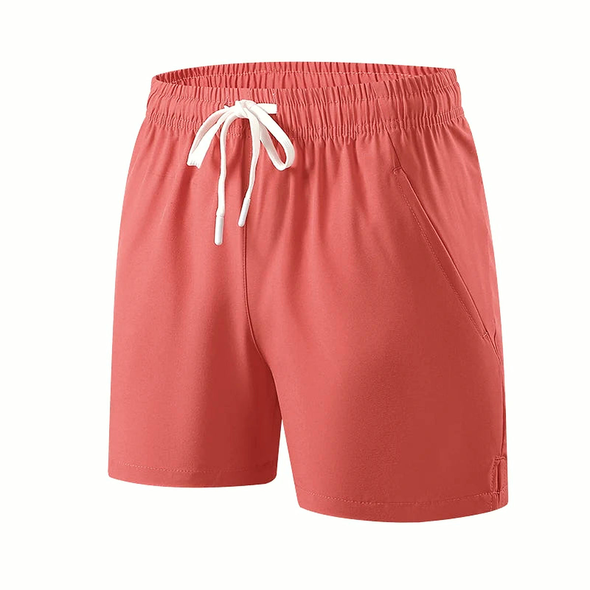 PrimeBuild Lightweight Training Shorts in red with a coral tone, white drawcord, side pocket and split hem