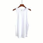 PrimeBuild Men's Stringer Gym Tank in white, crew neck, on a hanger showing deep-cut armholes and curved hem