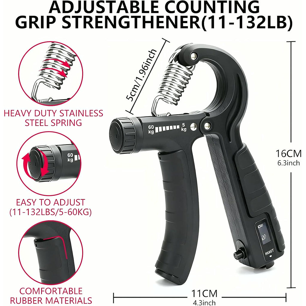 5-In-1 Grip Strength Trainer Kit with Counter, Adjustable Hand Grip(11-132 Lbs), Finger Stretcher, Grip Ring & Stress Ball – Grip Strength Trainer for Adults, Home Gym, Arm Workout Equipment