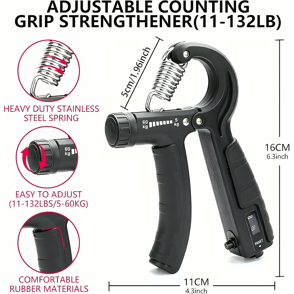 5-In-1 Grip Strength Trainer Kit with Counter, Adjustable Hand Grip(11-132 Lbs), Finger Stretcher, Grip Ring & Stress Ball – Grip Strength Trainer for Adults, Home Gym, Arm Workout Equipment