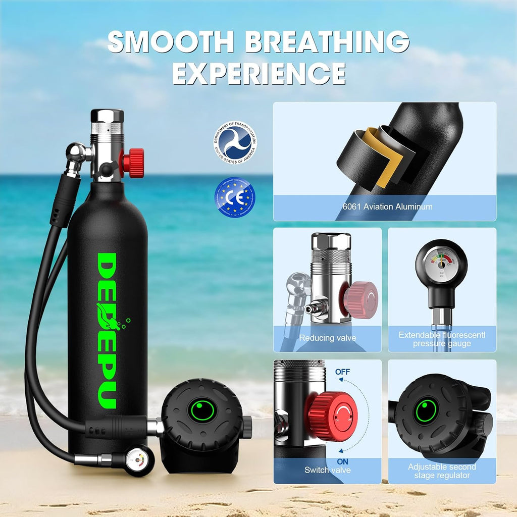 DEDEPU mini scuba tank in 6061 aluminum with pressure gauge and second-stage regulator