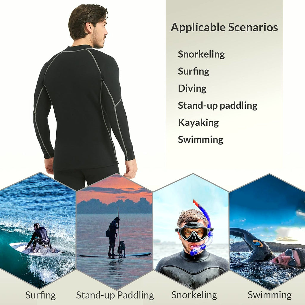 Men'S Wetsuit Top, 2Mm Long Sleeve Super-Stretch Neoprene Jacket | Mens Wetsuit Jacket, Front Zipper Surf Tops, Keep Warm, Neoprene Diving Suit for Surfing Swimming Snorkeling Kayaking