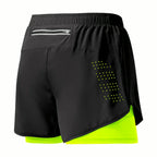 PrimeBuild Men's 2-in-1 Training Shorts, black outer short with fluorescent green liner, back view