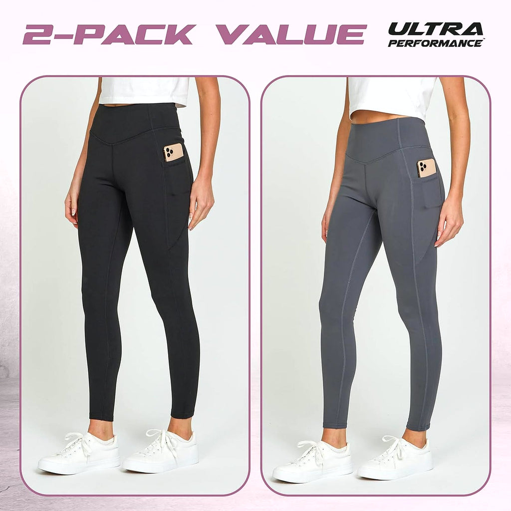 Lightweight Brushed Fleece Lined Leggings Women 2 Pk High Waisted Compression Womens Leggings with Pockets