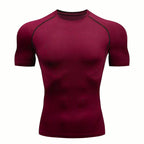 PrimeBuild Men's Compression Training Shirt in Wine Red, front view with crew neck and short raglan sleeves