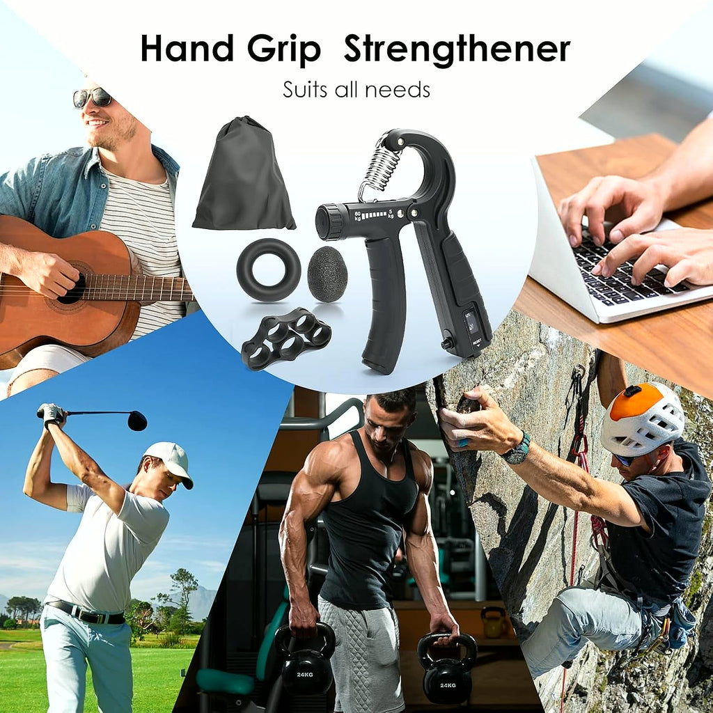5-In-1 Grip Strength Trainer Kit with Counter, Adjustable Hand Grip(11-132 Lbs), Finger Stretcher, Grip Ring & Stress Ball – Grip Strength Trainer for Adults, Home Gym, Arm Workout Equipment