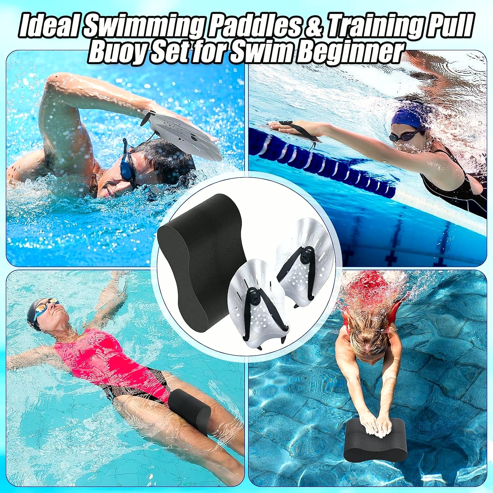 3 Pcs Swim Training Pull Buoy Hand Paddles Set Include 1 Buoy 2 Hand Paddles with Adjustable Straps Swim Training Equipment Kit for Adults