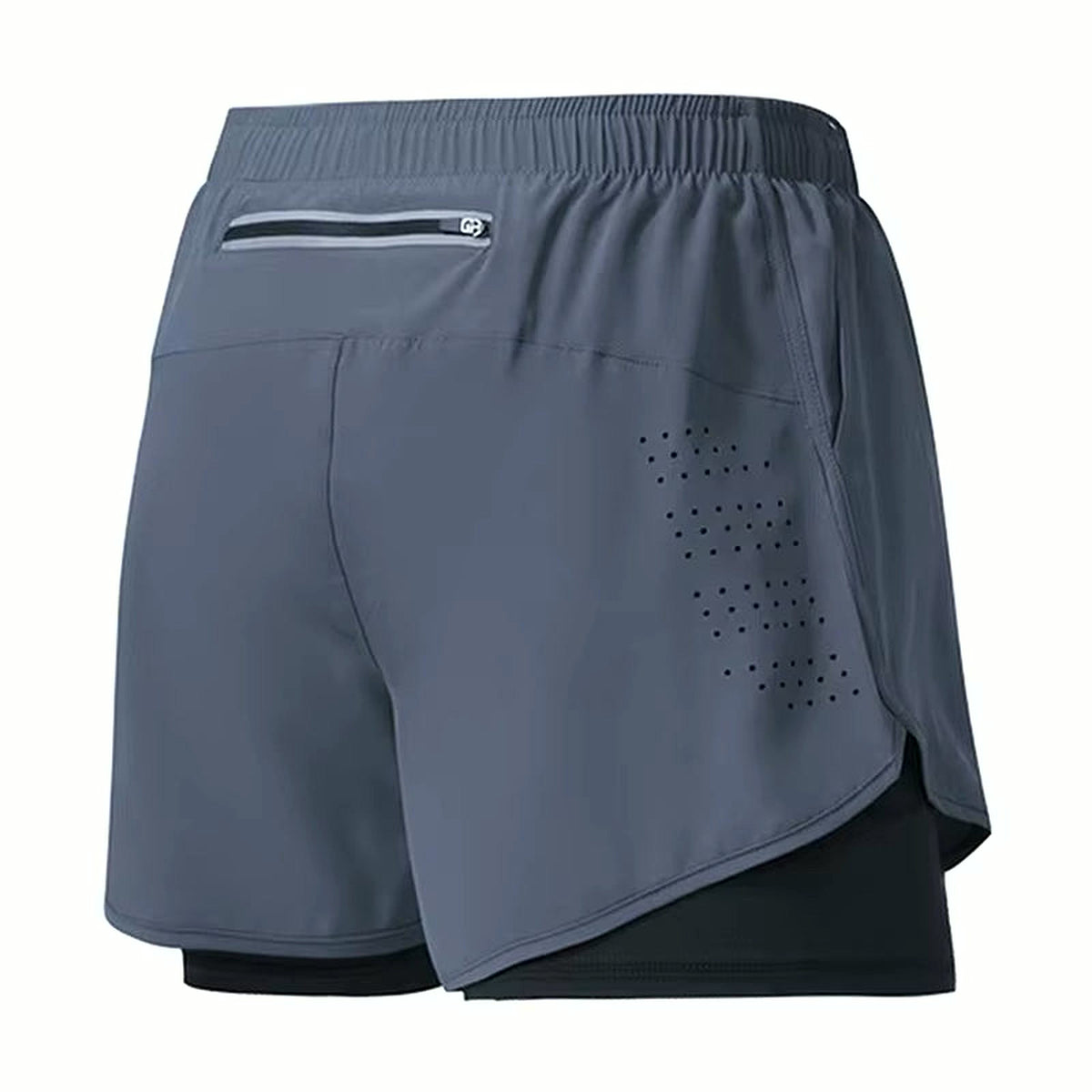 PrimeBuild Men's 2-in-1 Training Shorts in gray with black liner, back view showing zip pocket and vent holes