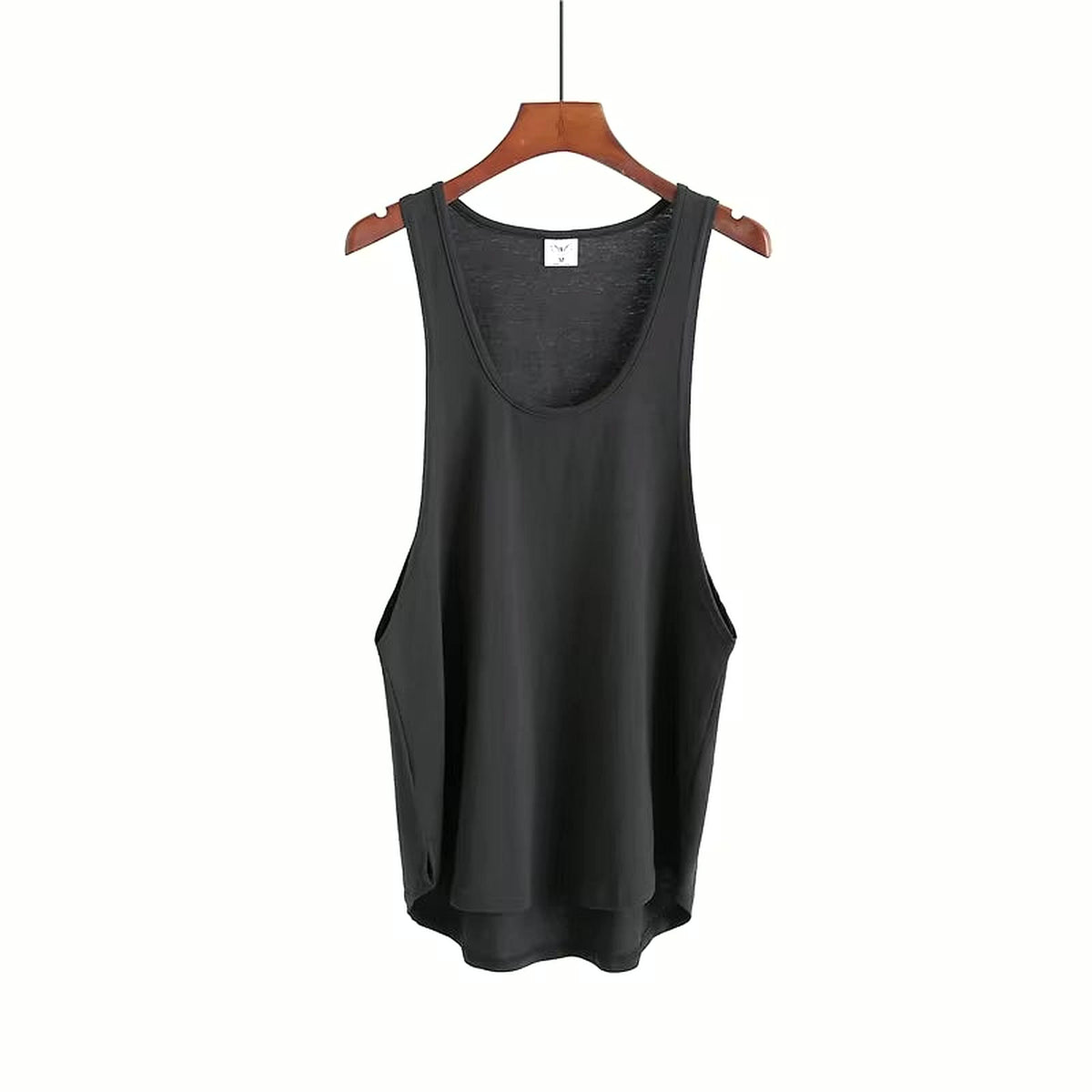 PrimeBuild Men's Stringer Gym Tank in black with a deep U-neck, on a hanger with dropped armholes and curved hem