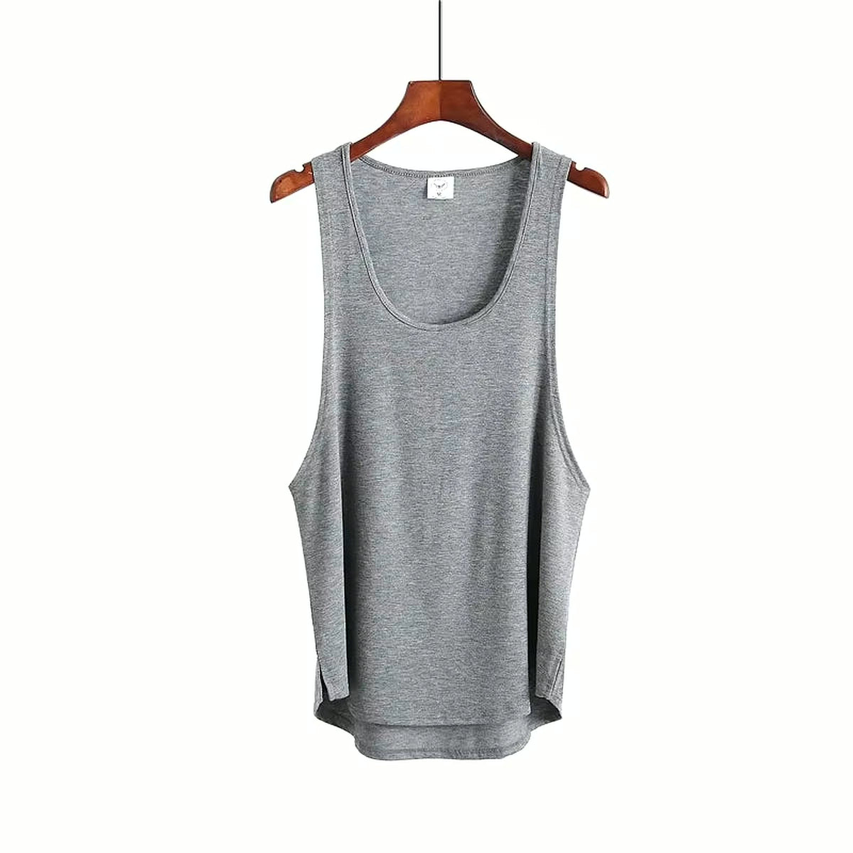 PrimeBuild Men's Stringer Gym Tank in gray with a deep U-neck, on a hanger with dropped armholes and curved hem