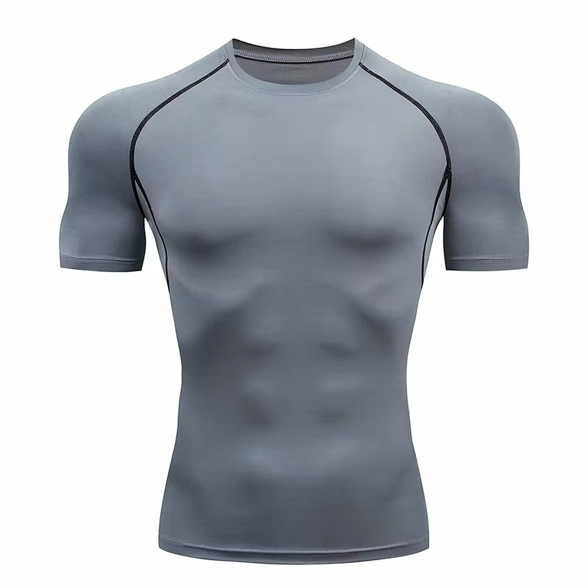 PrimeBuild Men's Compression Training Shirt in Grey, front view with crew neck and dark contrast raglan seams