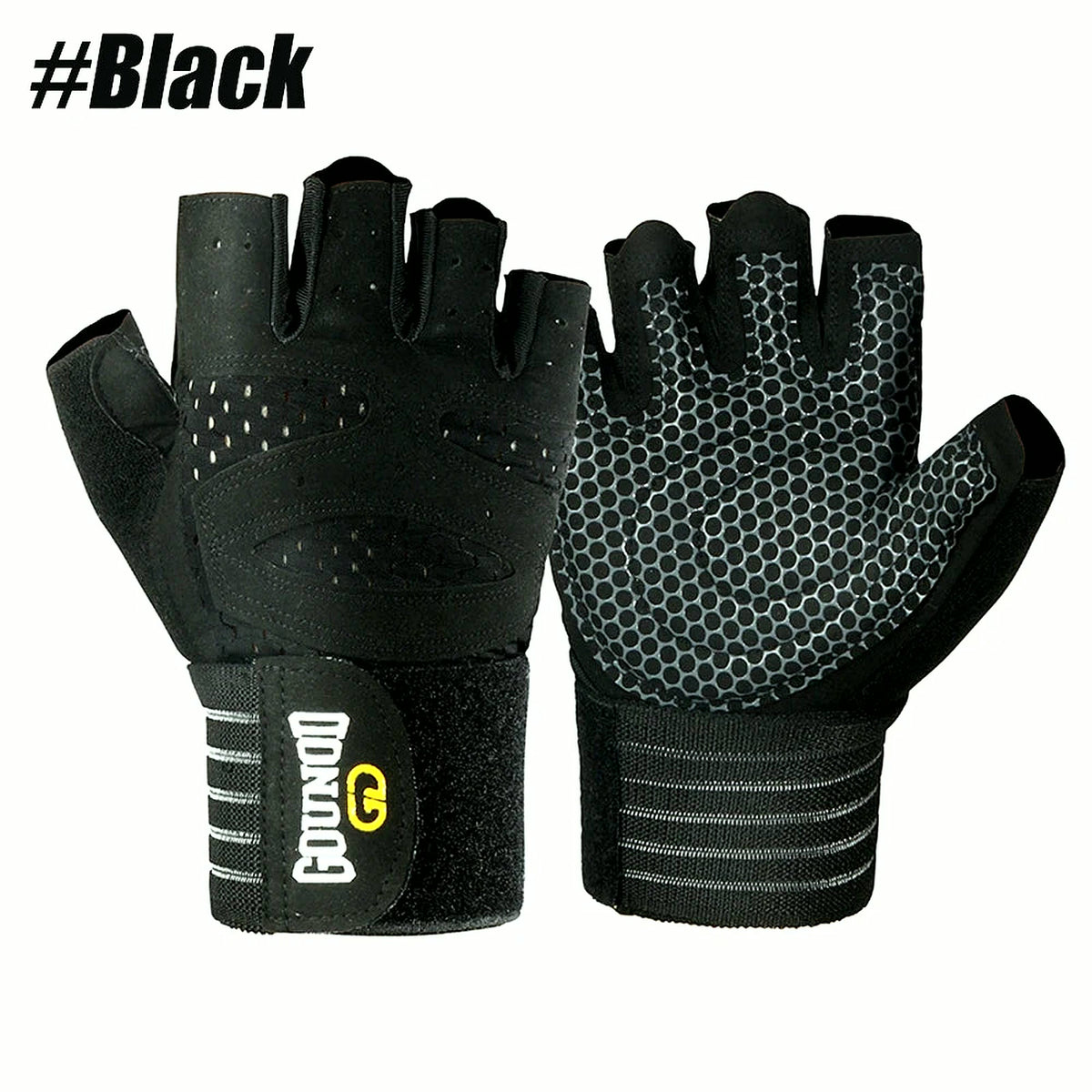 PrimeBuild Workout Gloves in Black, back and palm view, with perforated back and silicone-dot palm
