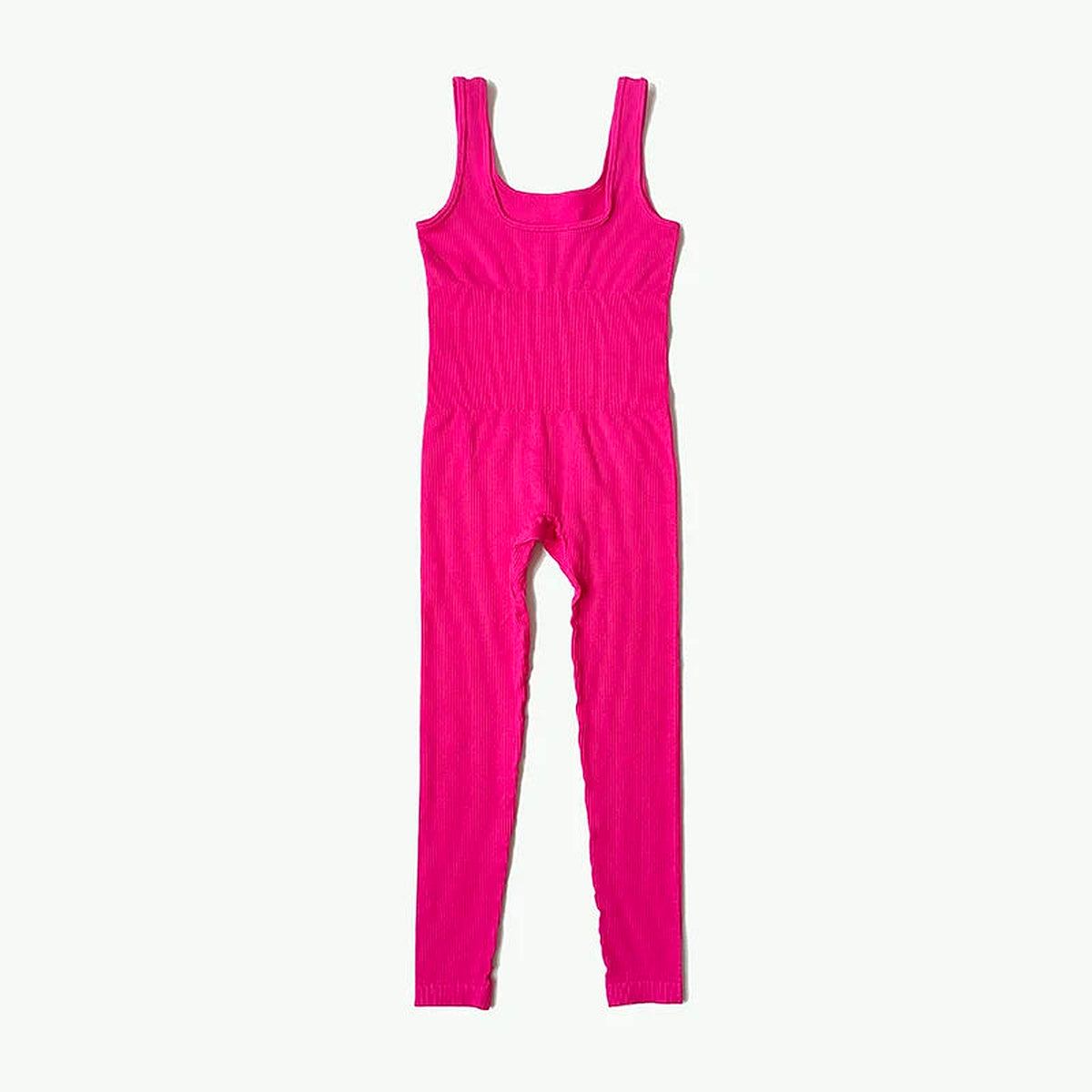 PrimeBuild Women's Seamless Performance Jumpsuit in Rose, a bright pink, front view of the sleeveless one-piece