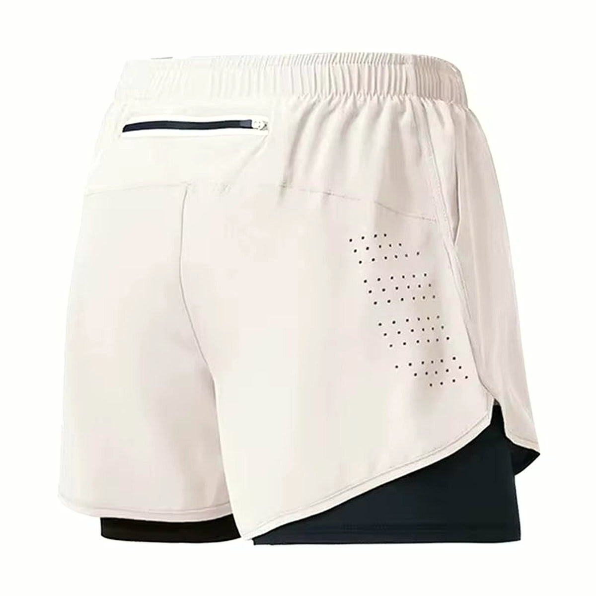 PrimeBuild Men's 2-in-1 Training Shorts in white with black liner, back view with zippered pocket and split hem