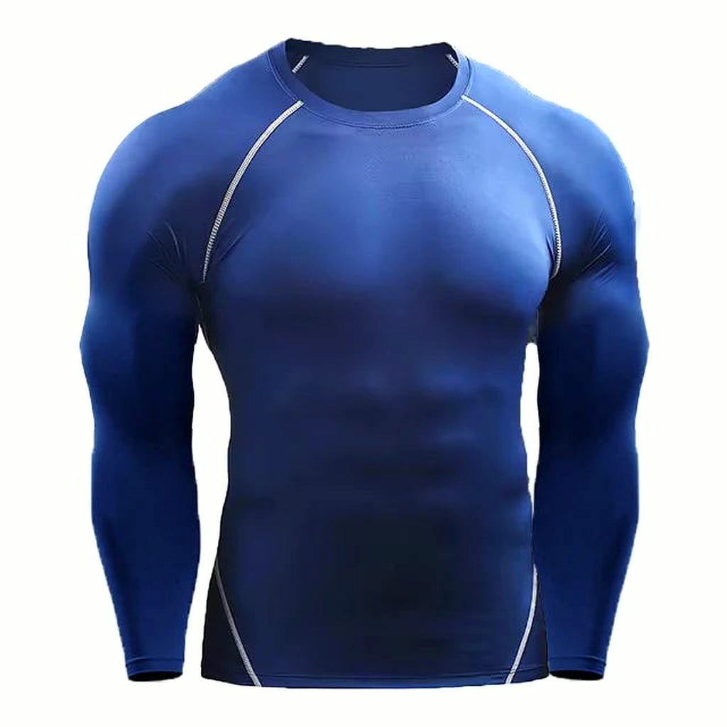 PrimeBuild Men's Long Sleeve Compression Shirt in blue with white contrast seam lines, front view