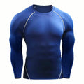 PrimeBuild Men's Long Sleeve Compression Shirt in blue with white contrast seam lines, front view