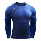 PrimeBuild Men's Long Sleeve Compression Shirt in blue with white contrast seam lines, front view