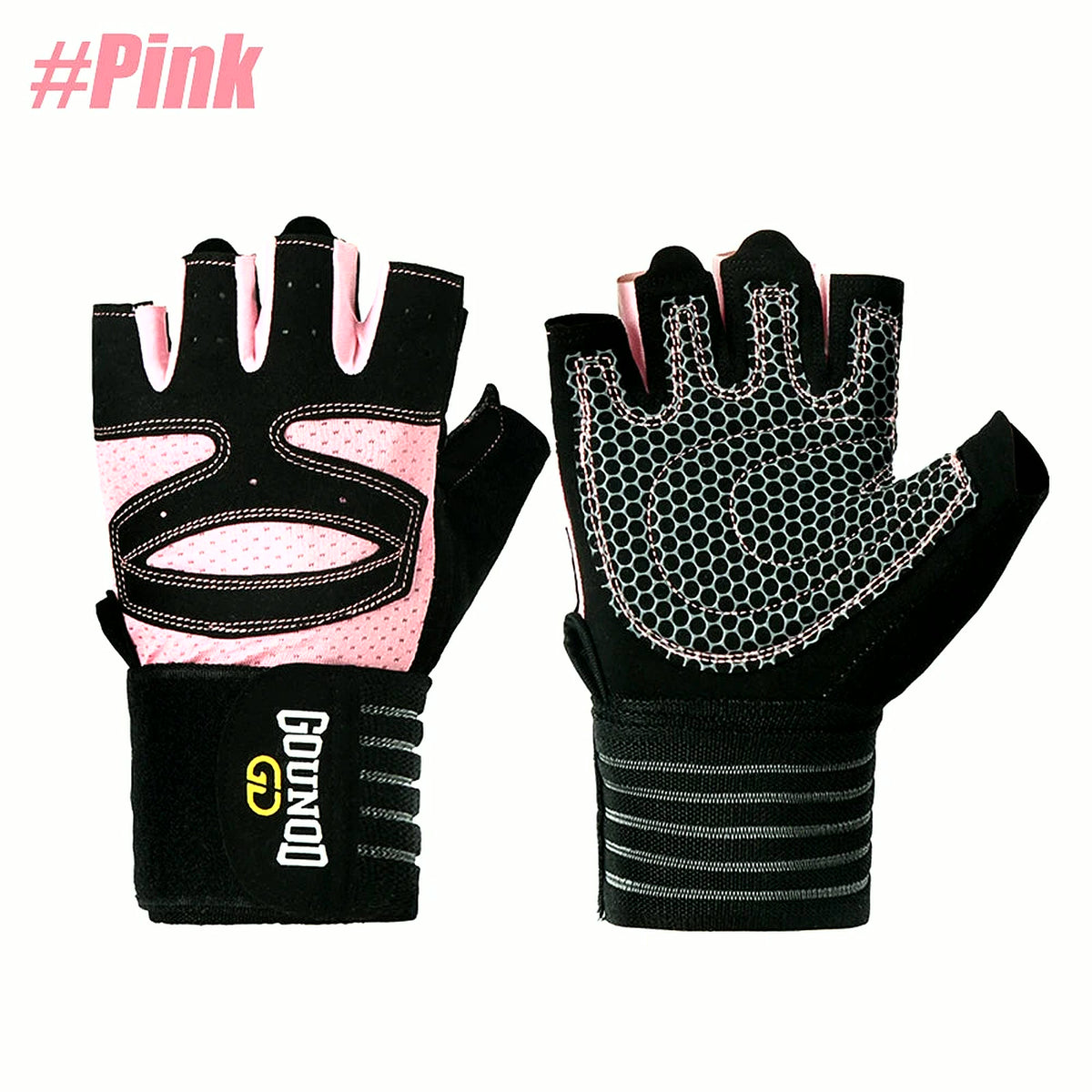 PrimeBuild Workout Gloves in Pink: black half-finger gloves with pink panels, back and palm side