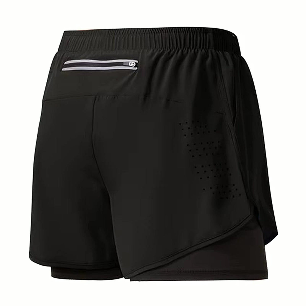 PrimeBuild Men's 2-in-1 Training Shorts in all black, back view with zippered pocket and laser-cut vent holes