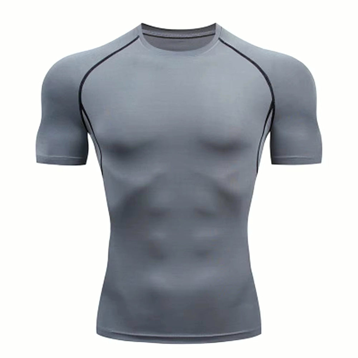 PrimeBuild Men's Compression Performance Shirt in Gray with black raglan seam lines, front view
