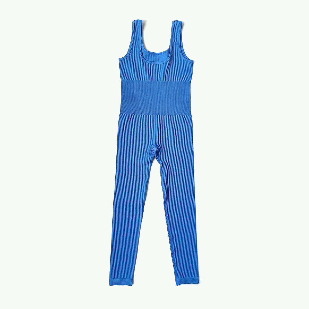 PrimeBuild Women's Seamless Performance Jumpsuit in Blue, front view of the sleeveless full-length one-piece
