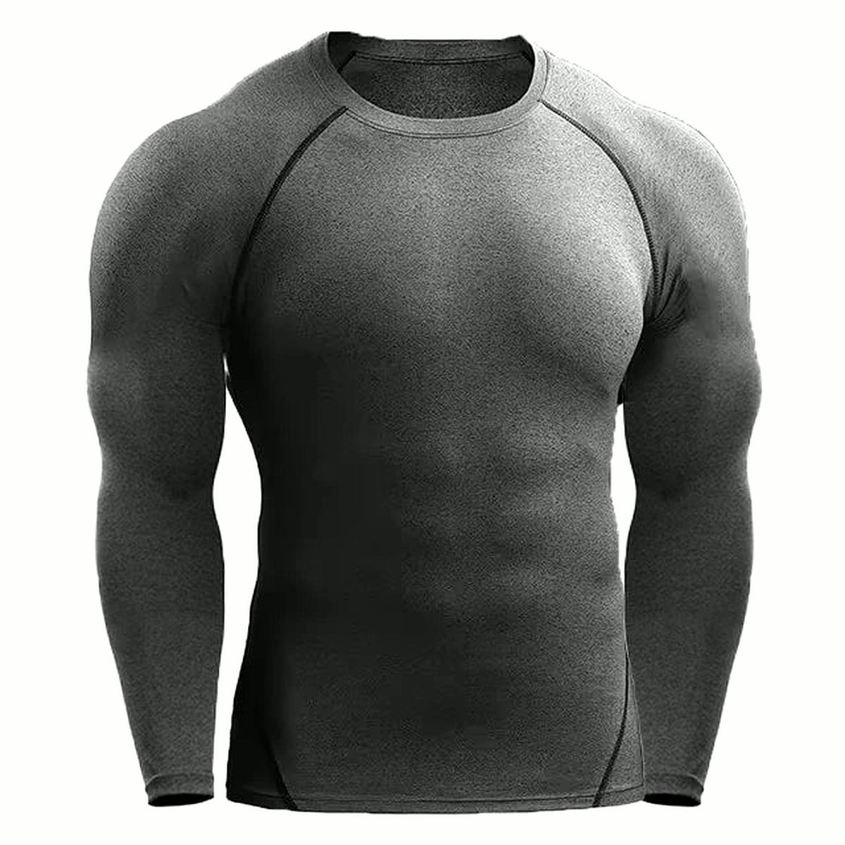 PrimeBuild Men's Long Sleeve Compression Shirt in gray with dark contrast seam lines, front view