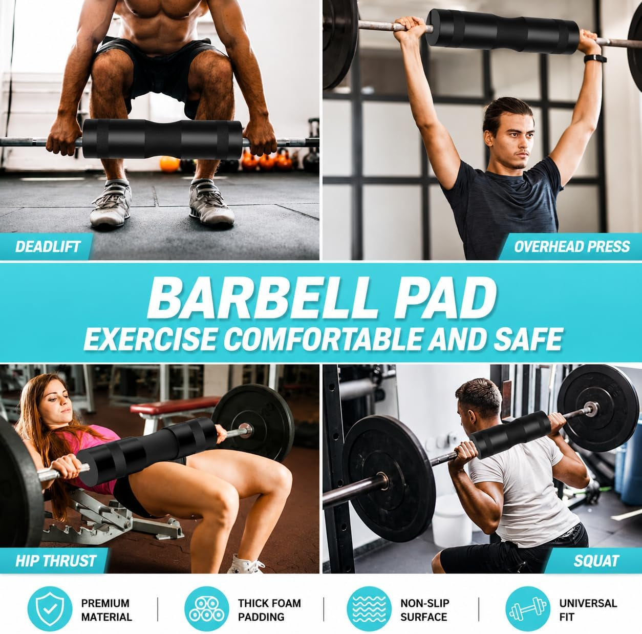 Barbell Pad Set for Squat,10 PCS Hip Thrusts Workout Foam Weight Lifting Bar Cushion with 2 Gym Ankle Straps,3 Hip Resistance Bands,2 Lifting Strap,Barbell Pad and Carry Bag
