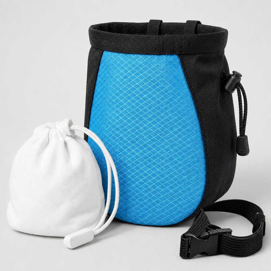 PrimeBuild Climbing Chalk Bag in black with blue front panel, white chalk ball and buckle belt