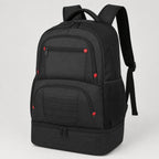 PrimeBuild Water-Resistant Gym Backpack in black with red zipper tabs, front zip pockets and bottom shoe compartment