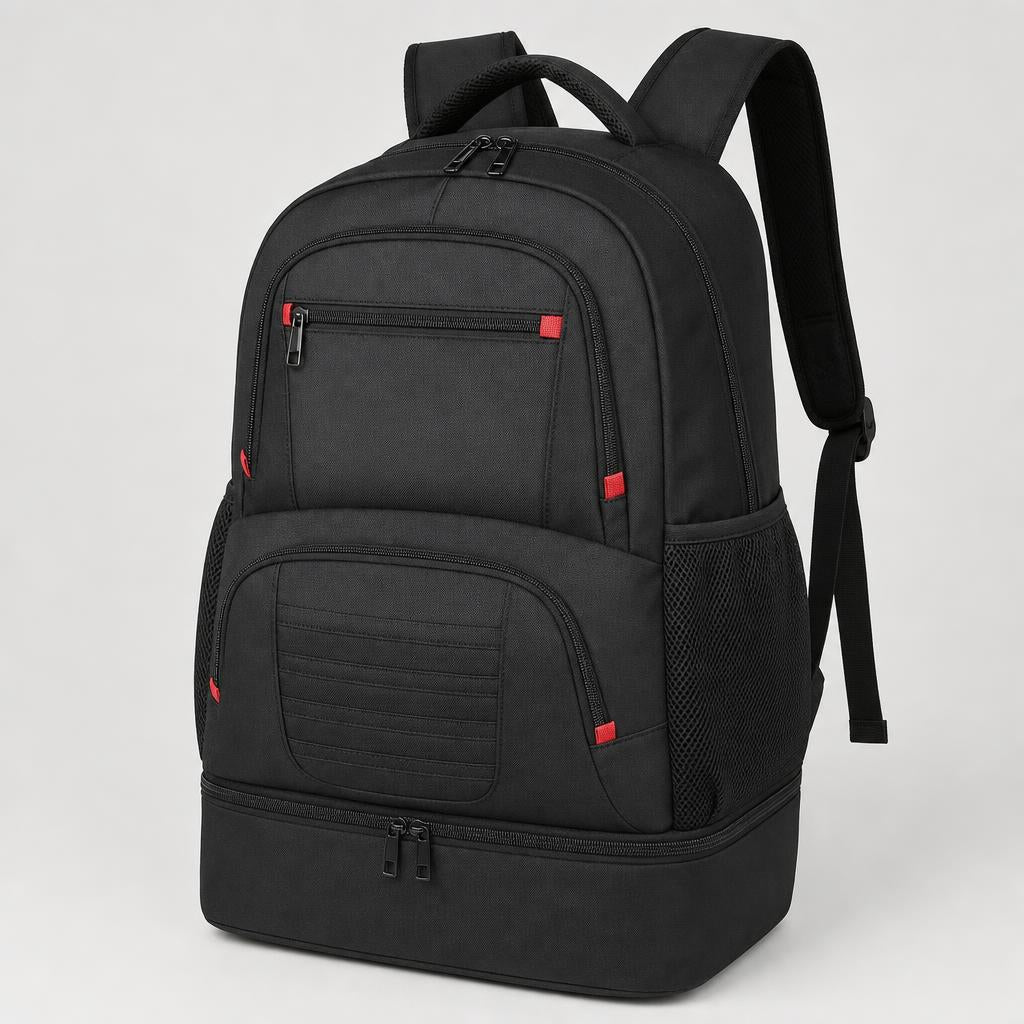 PrimeBuild Water-Resistant Gym Backpack in black with red zipper tabs, front zip pockets and bottom shoe compartment