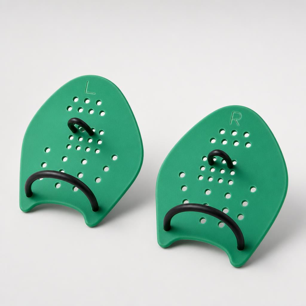 PrimeBuild Swim Training Hand Paddles, green left and right pair marked L and R with black finger and wrist straps