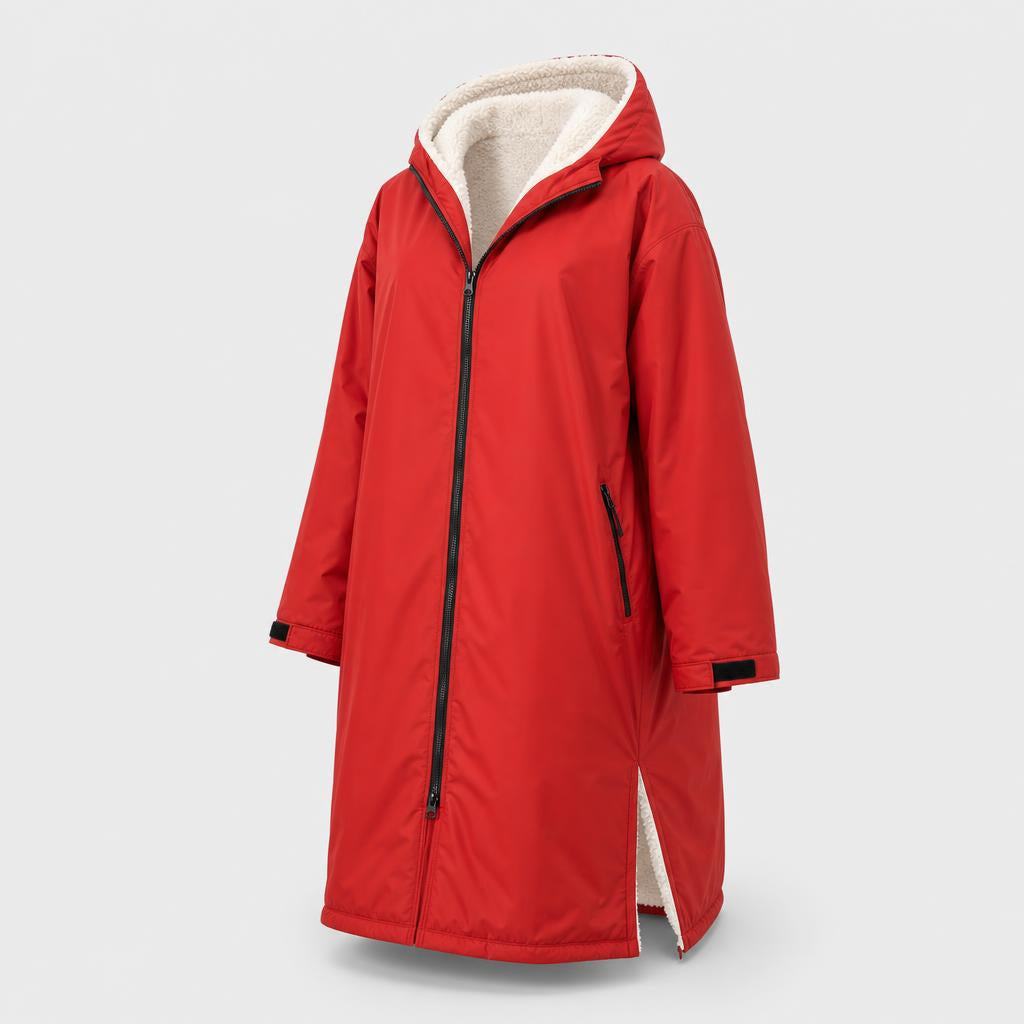 PrimeBuild Swim Parka in red with cream sherpa-lined hood, black full-length front zip, zip pocket and side split