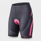 PrimeBuild Women's Padded Cycling Shorts in charcoal gray with black lower panels, pink side stripe and pink chamois pad