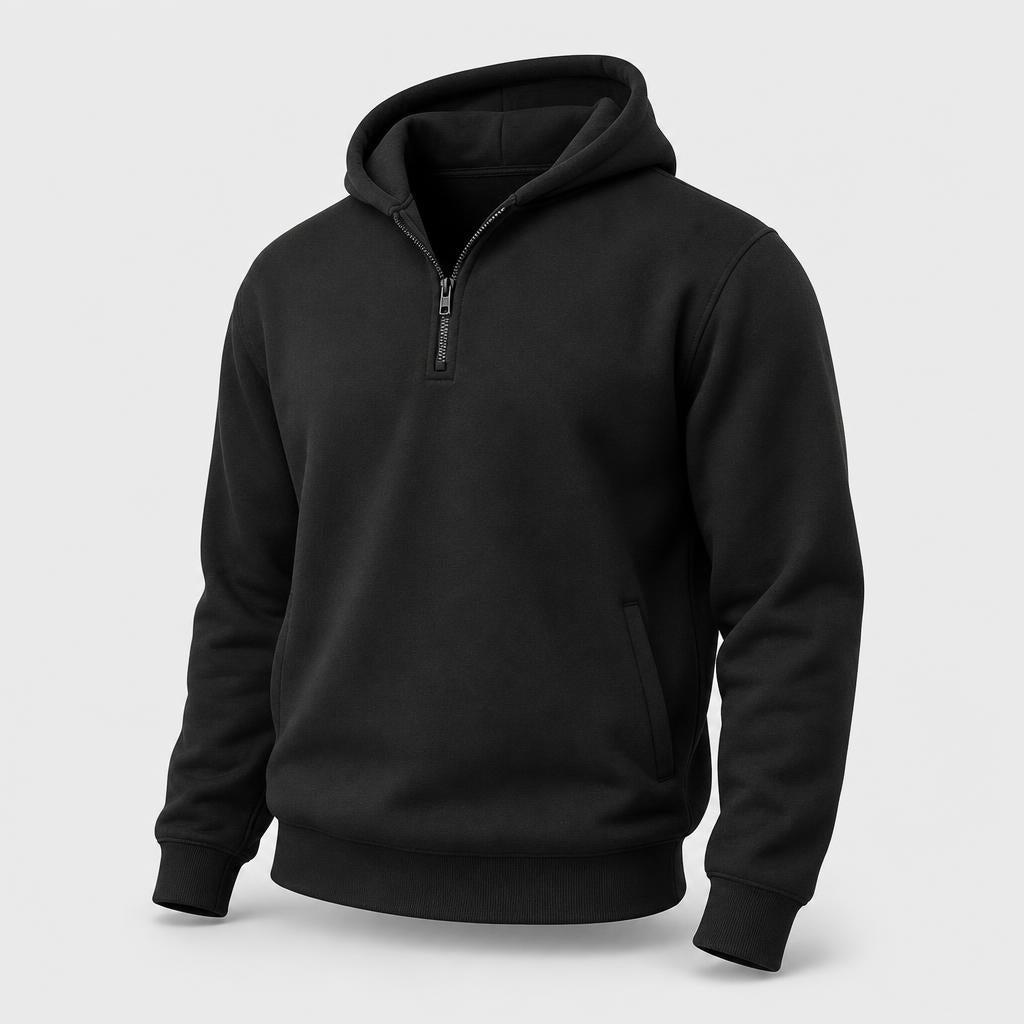 PrimeBuild Men's Quarter Zip Fleece Hoodie in black, angled front view with partly open zip, hood, side pocket and ribbed hem
