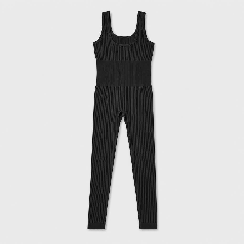PrimeBuild Women's Seamless Performance Jumpsuit in black, laid flat showing scoop neck, tank straps and full-length legs
