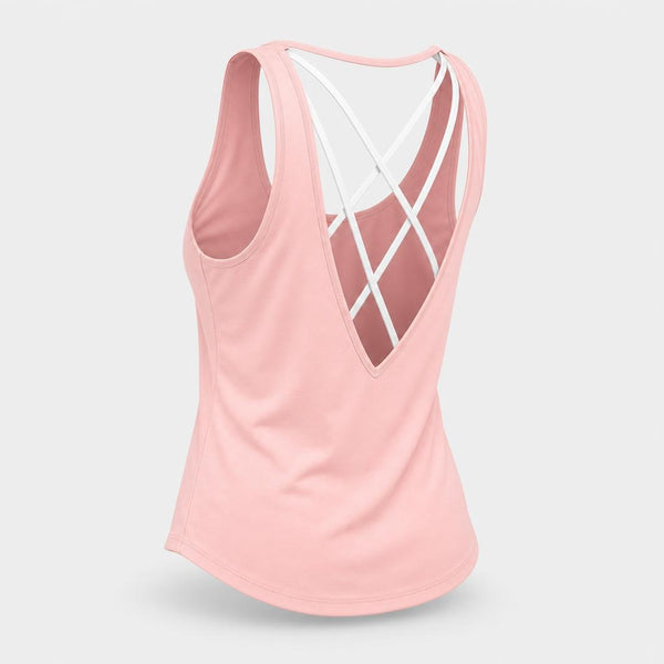 PrimeBuild Women's Open Back Training Tank in pink, three-quarter back view of the deep V back with white bra straps inside