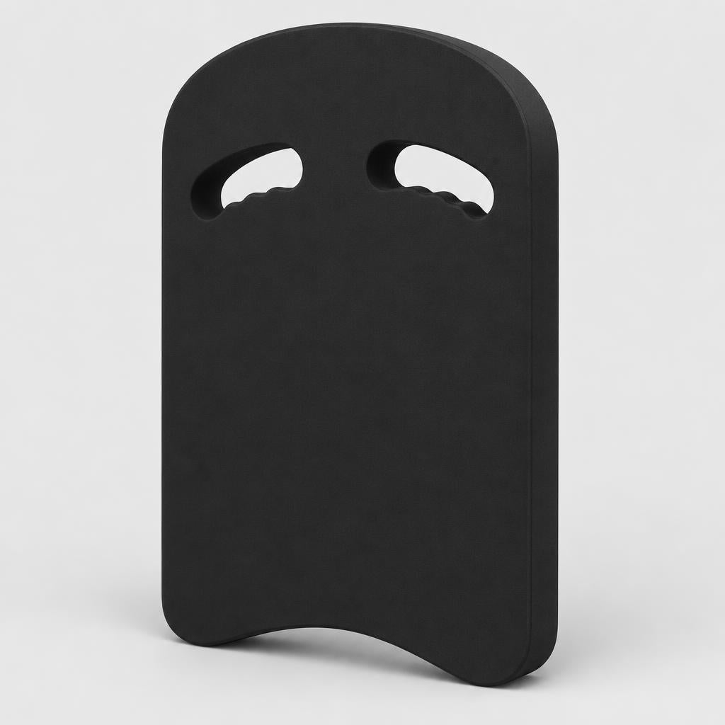 PrimeBuild Ergonomic Swim Kickboard in black foam with two curved hand slots, rounded top and curved bottom edge