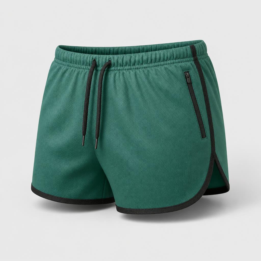 PrimeBuild Men's Performance Running Shorts in green with black contrast trim, drawstring waist and zippered pocket