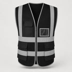 PrimeBuild Reflective Mesh Safety Vest in black with silver-grey reflective stripes, front zipper and pockets