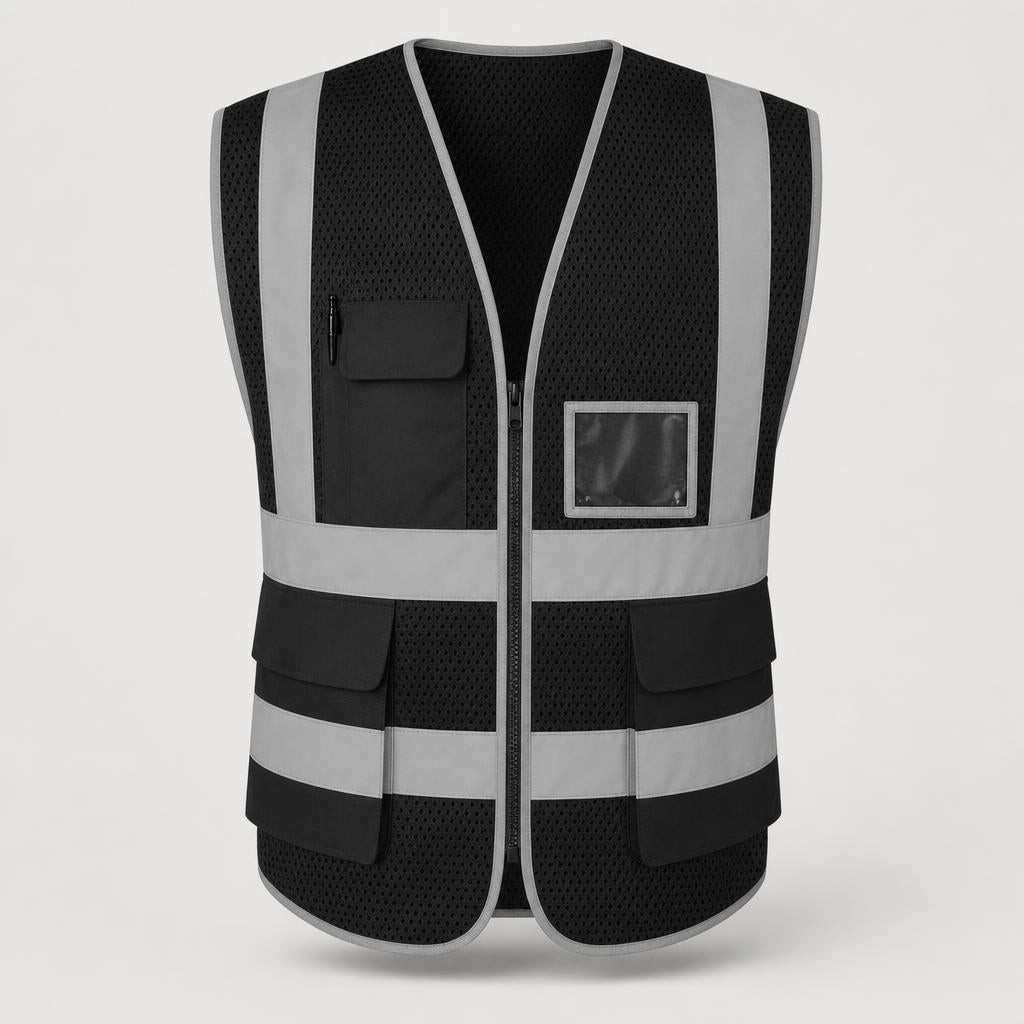 PrimeBuild Reflective Mesh Safety Vest in black with silver-grey reflective stripes, front zipper and pockets