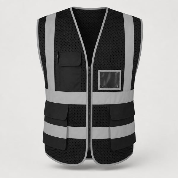 PrimeBuild™ Reflective Mesh Safety Vest – Black, Zipper & Pockets
