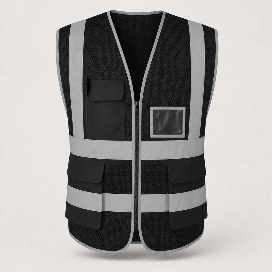 PrimeBuild Reflective Mesh Safety Vest in black with silver-grey reflective stripes, front zipper and pockets
