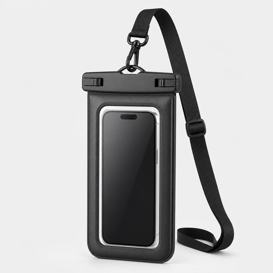 PrimeBuild IPX8 Waterproof Phone Pouch in black with clear window, two top slide locks, swivel clip and adjustable lanyard
