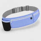 PrimeBuild Slim Running Belt in Jet Blue with zippered pockets, headphone port, gray buckle strap, black mesh bottle holder