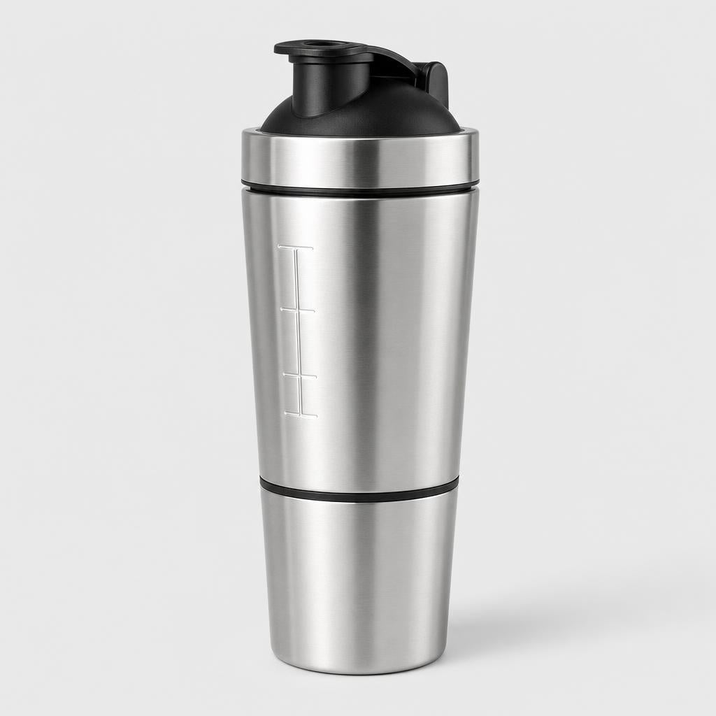 PrimeBuild Stainless Steel Protein Shaker – 20 oz with Storage Cup – product photo