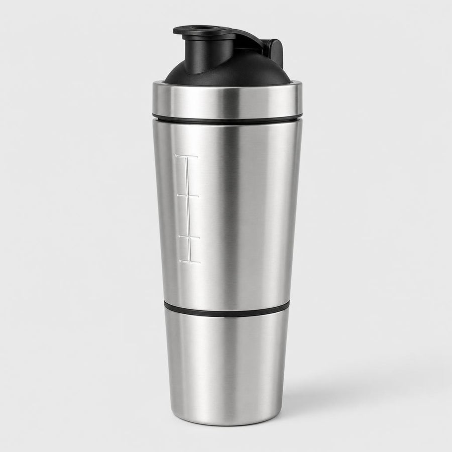 PrimeBuild Stainless Steel Protein Shaker – 20 oz with Storage Cup – product photo