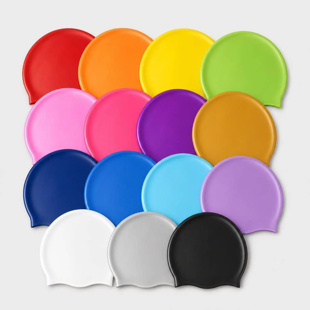 PrimeBuild Silicone Swim Caps 15-Pack laid flat in 15 solid colors, from red, orange and yellow to white, silver and black